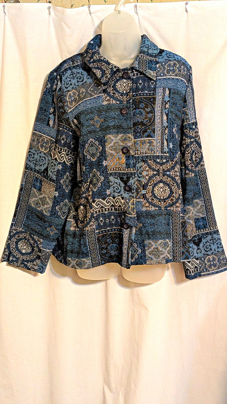VTG Y2K Appleseed's Blue Brocade Tapestry Button-Down Jacket/Blazer Sz L